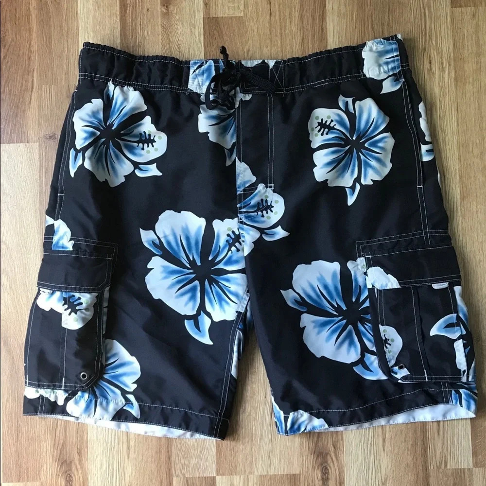 Arizona Men’s Blue Hawaiian Hibiscus Print Cargo Swim Trunks - Size Large - Picture 1 of 5